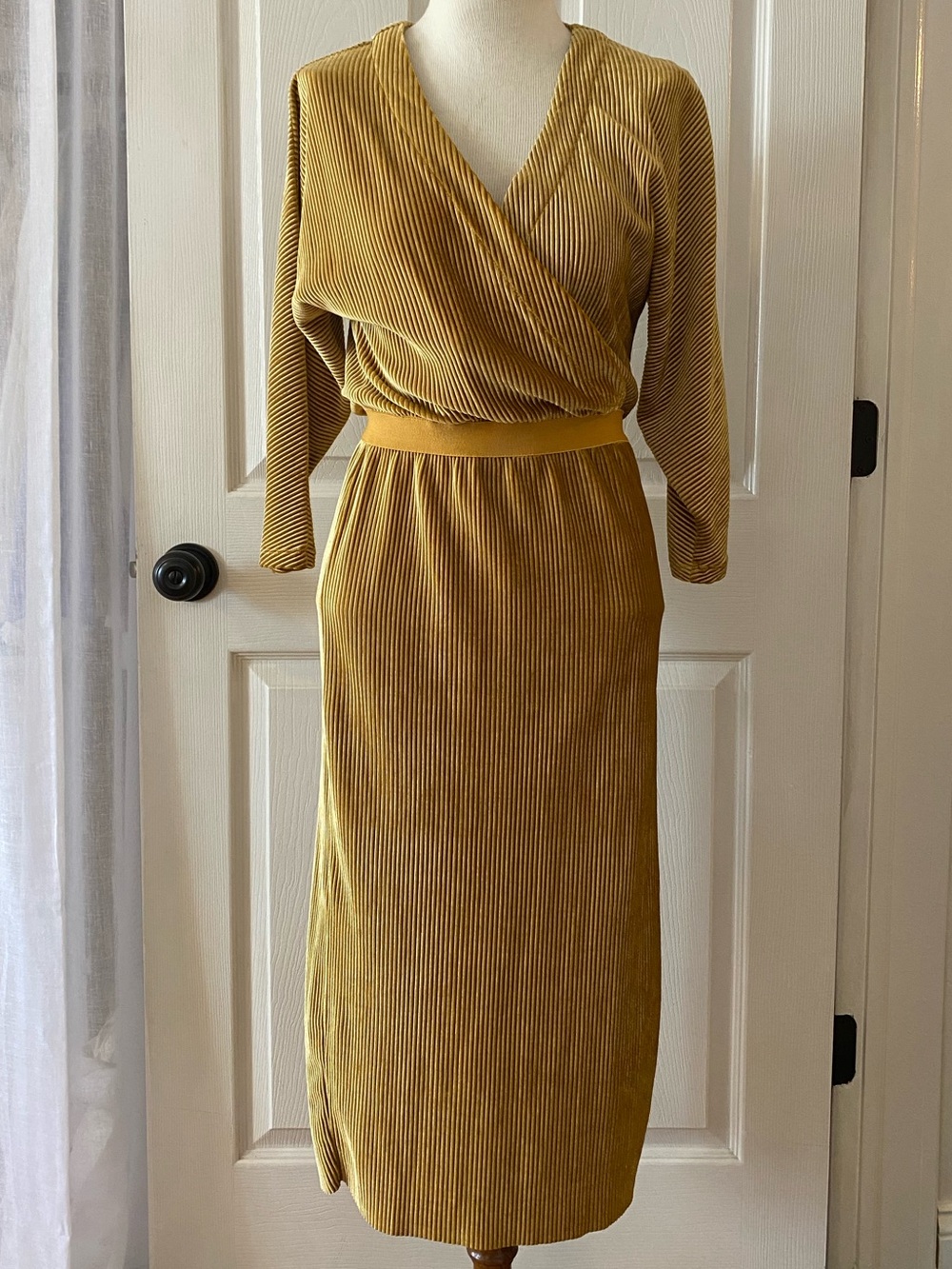 Mustard Yellow Ribbed Velour Midi Wrap Dress with Elastic Waist
